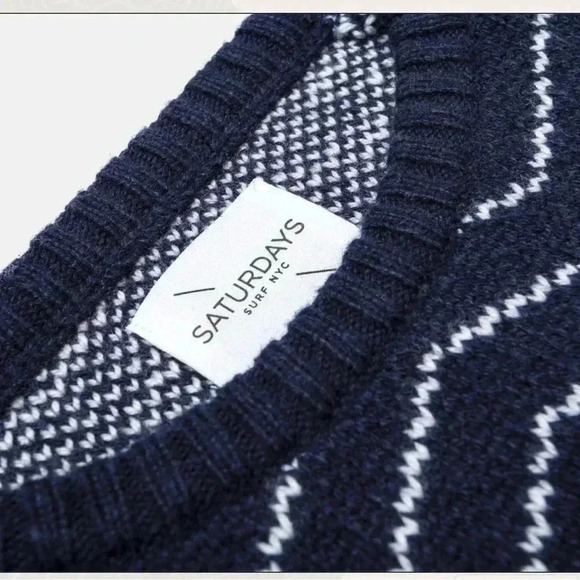NWT Saturdays NYC Keith Zig Zag Sweater in Navy & White Size Small - Picture 2 of 13